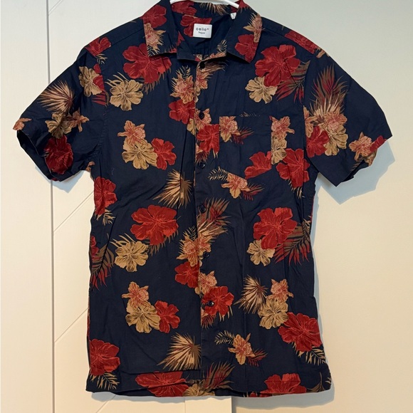 Celio Men’s Floral Button Up Shirt Navy Red Tan | Short Sleeve | Size S - Picture 5 of 9